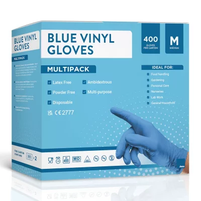 Jena Blue Vinyl Gloves, 400 gloves, Medium
